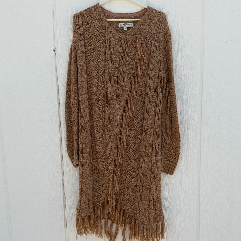 Idyllwind Size L Tan Metallic Knit Fringe Western Wrap Tunic Cardigan Sweater